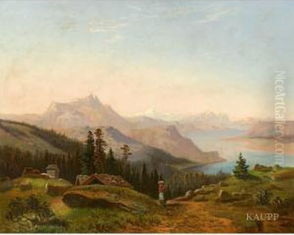 Alpine Gebirgslandschaft Mit See In Abendstimmung Oil Painting by Marcus Larson