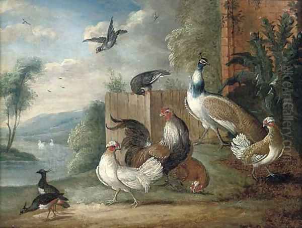 A peacock, a cockeral, hens and pigeons in a wooded clearing Oil Painting by Marmaduke Cradock