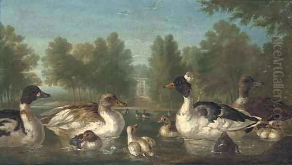 Ducks on a pond with a pavilion beyond Oil Painting by Marmaduke Cradock