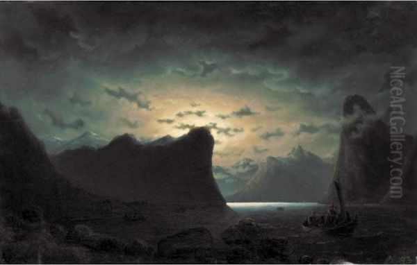 Fishing Near The Fjord By Moonlight Oil Painting by Marcus Larson