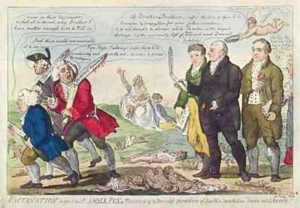 Vaccination against Small Pox or Mercenary and Merciless spreaders of Death and Devastation driven out of society Oil Painting by Isaac Cruikshank