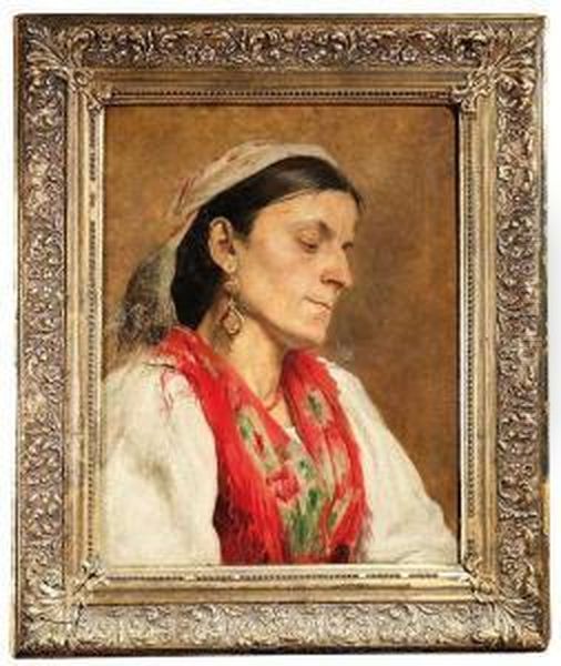 Portraitof A Lady Wearing A Traditional Costume. Oil Painting by Johann Larwin