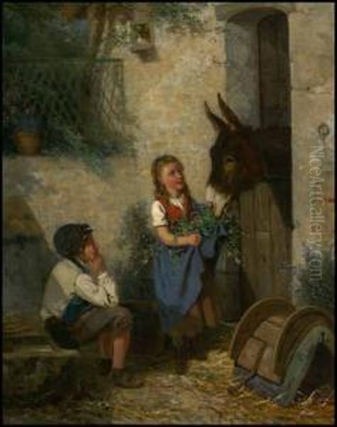 Children Feeding A Donkey Oil Painting by Louis Simon Lassalle