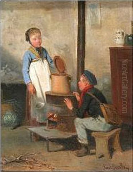 Young Maid And Boy Warming Themselves By A Stove Oil Painting by Louis Simon Lassalle