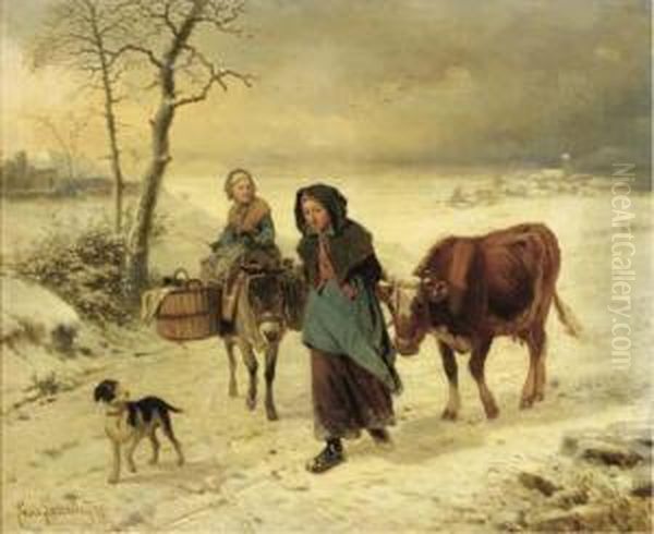 Farmgirls On A Path In Winter Oil Painting by Louis Simon Lassalle