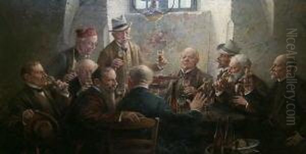 Herrengesellschaft Wahrend Einer Weinprobe. Unten Rechts Signiert Hans Lassen Df. 1909 Oil Painting by Hans August Lassen