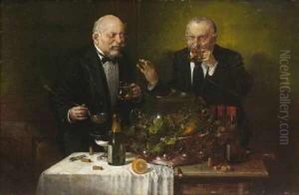 Zwei Manner Beim Bowle
 Trinken. Oil Painting by Hans August Lassen