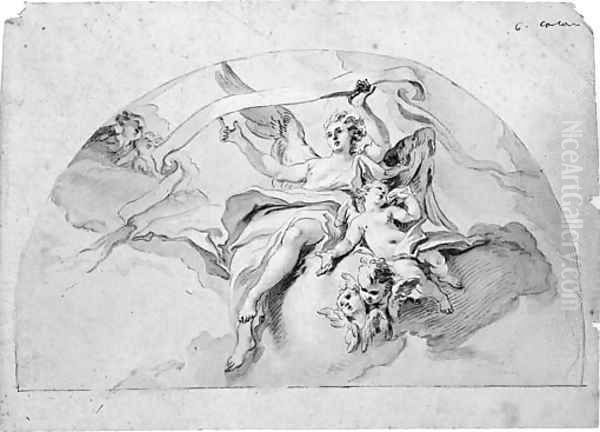 An angel holding a banner, attended by putti design for a lunette Oil Painting by Carlo Innocenzo Carlone