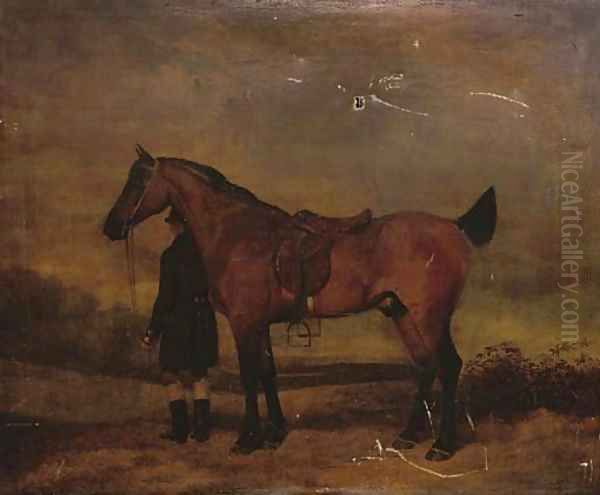 Portrait of a hunter and groom, in an extensive landscape Oil Painting by Abraham Cooper