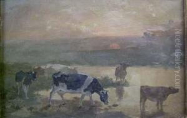 Cows Watering At Twilight Oil Painting by William Langson Lathrop