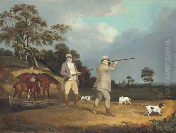 Gentleman shooting partridge, with pointers in a landscape Oil Painting by Abraham Cooper