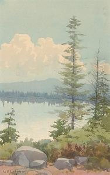 Pine Trees On The Lake Shore Oil Painting by Lorenzo Palmer Latimer