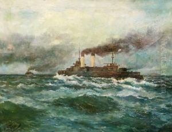 Russische Kriegsschiffe Auf Hoher See Oil Painting by Mikhail Pelopidovich Latri