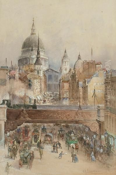 A View Of St Paul's Cathedral From Fleet Street Oil Painting by Charles James Lauder