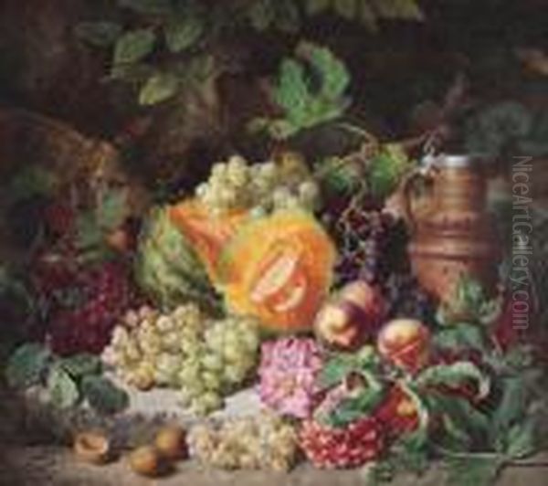 Rich Still Lifewith Fruit And A Decorative Clay Jug Oil Painting by Josef Lauer