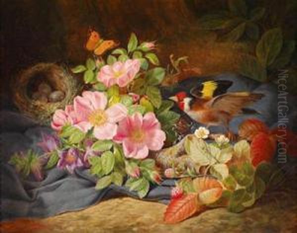 Blumenstuck Am Waldboden Mit Vogelnest Oil Painting by Josef Lauer