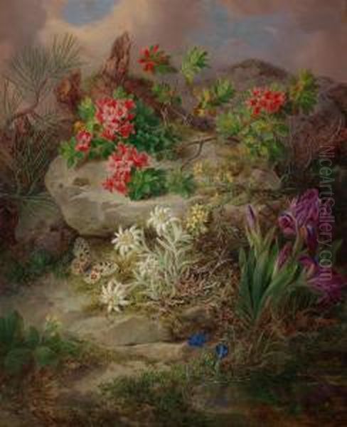 Fiori Alpini Con Farfalla Oil Painting by Josef Lauer