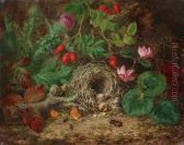 Stillleben Mit Vogelnest, Blumen Und Insekten Oil Painting by Josef Lauer