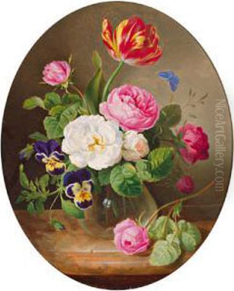 Quadro Di Fiori In Vaso Di Vetro Con Rose Oil Painting by Josef Lauer