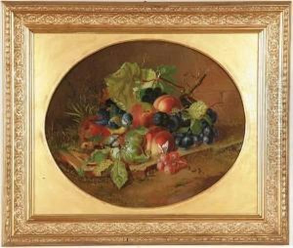 Still Life With Fruit, Butterfly And Bird Oil Painting by Josef Lauer