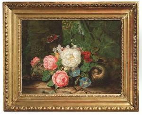 Lauer, Josef. Still-life With Flowers, A Bird's Nest And A Butterfly Oil Painting by Josef Lauer