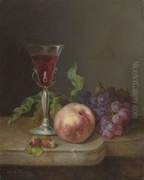 Stillleben Mit Weinglas, Pfirsich,
 Weintrauben Und Erdbeeren. Oil Painting by Josef Lauer