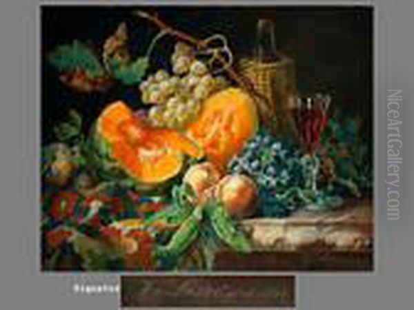 Fruchtestilleben Mit Melone, Weintrauben Und Rotweinpokal Oil Painting by Josef Lauer