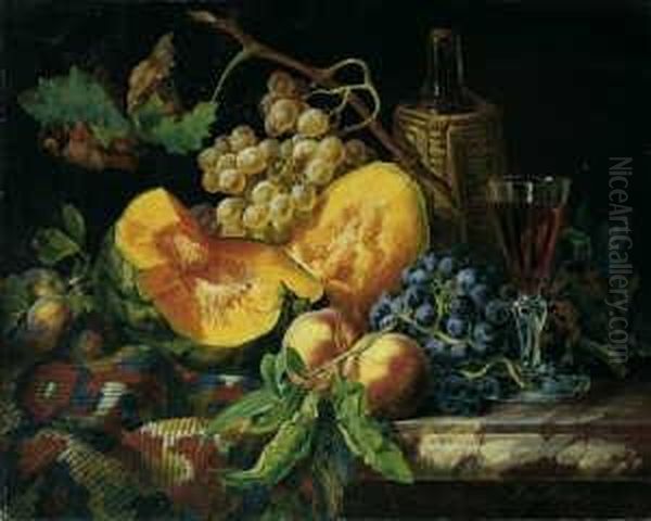 Fruchtestilleben Mit Melone, Teppich Und Rotweinpokal. Oil Painting by Josef Lauer