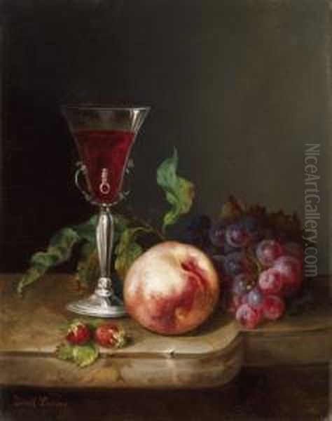 Autumn (a Glass Of Red Wine) Oil Painting by Josef Lauer