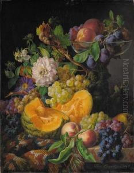 Peaches, Plums, Grapes And A Melon With Autumn Flowers On A Draped, Marble Ledge Oil Painting by Josef Lauer