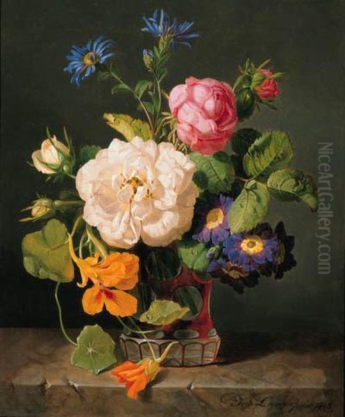 Damask Roses, Bourbon Roses, 
Michaelmas Daisies, Nasturtiums Andpolyanthus Primulas In A Vase Oil Painting by Josef Lauer