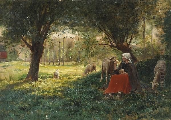 A Shepherdess With Her Flock In A Wooded Grove Oil Painting by Georges Laugee