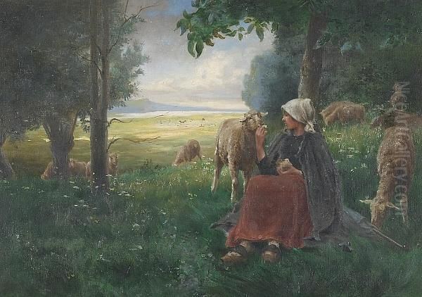 An Extensive Landscape With A Shepherdess And Her Flock In The Foreground Oil Painting by Georges Laugee