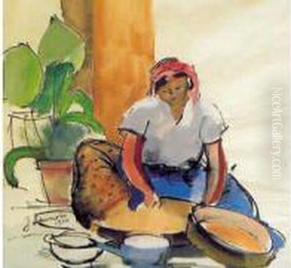 La Preparation Du Couscous Aquarelle, Signee En Bas A Gauche Et Datee 1920 Oil Painting by Jean Launois