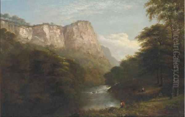 Figures in a river gorge Oil Painting by George Snr Cole