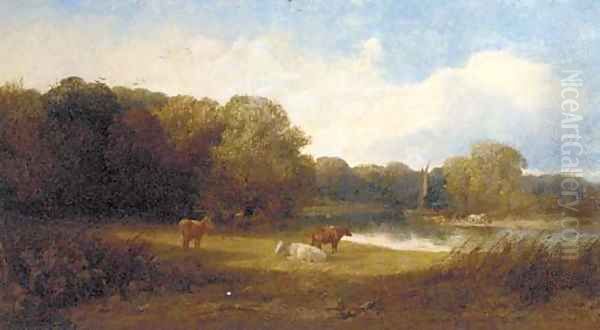 A tranquil river landscape with cattle in the foreground Oil Painting by George Snr Cole