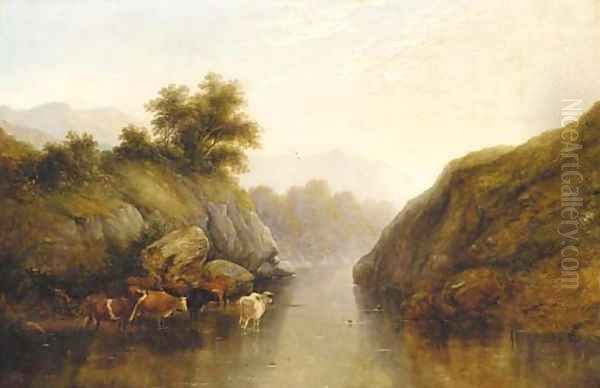 Cattle watering in a river valley landscape Oil Painting by George Snr Cole