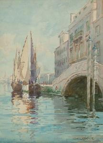 A Canal Bridge In Venice, With Boats Oil Painting by Sidney Laurence