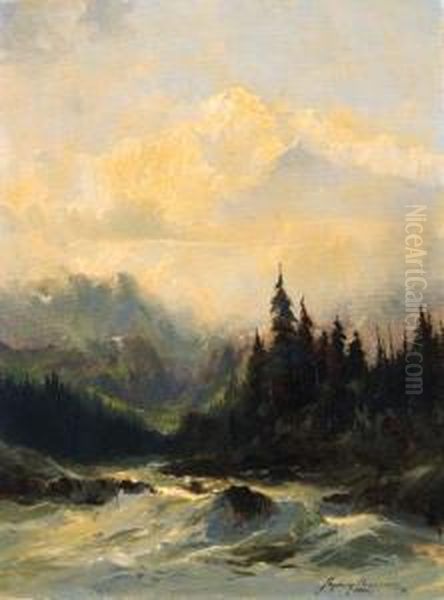 Rapids Of The Tokosheetna River Oil Painting by Sidney Laurence