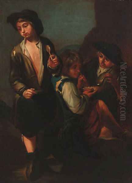 Boys drinking soup in a landscape Oil Painting by Giacomo Francesco Cipper