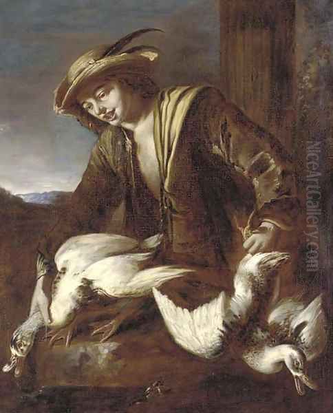 A boy holding two ducks Oil Painting by Giacomo Francesco Cipper