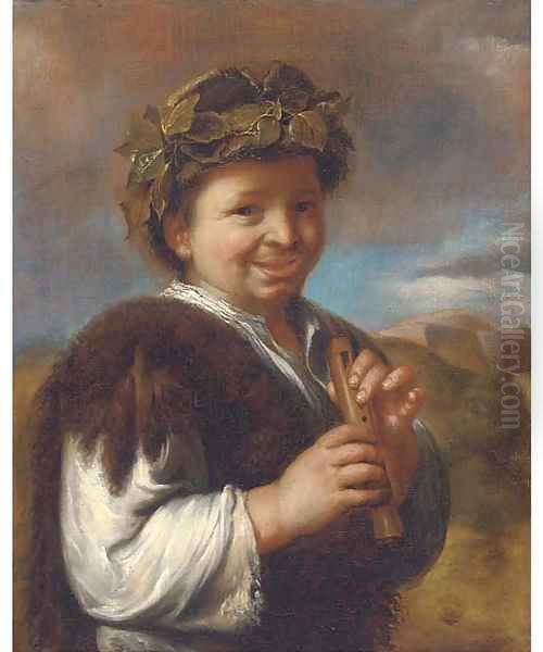 A boy playing a flute Oil Painting by Giacomo Francesco Cipper