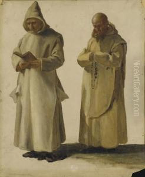 Deux Moines, L'un Lisant, L'autre Priant Avec Son Chapelet Oil Painting by Jean-Paul Laurens