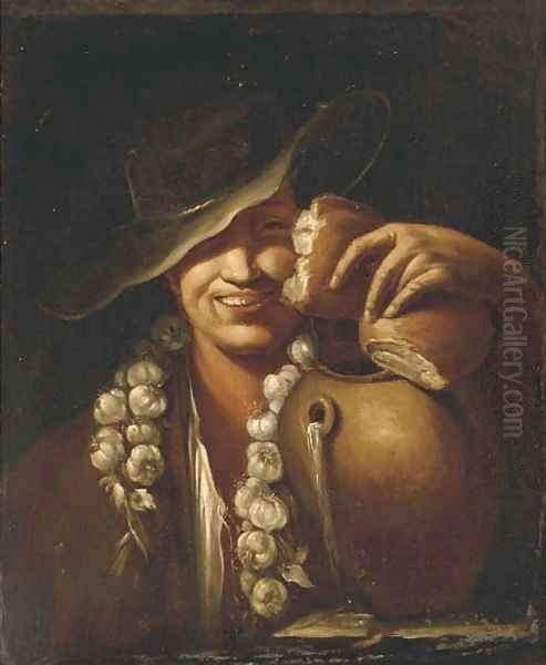 A boy with cloves of garlic, bread and a jug of water Oil Painting by Giacomo Francesco Cipper