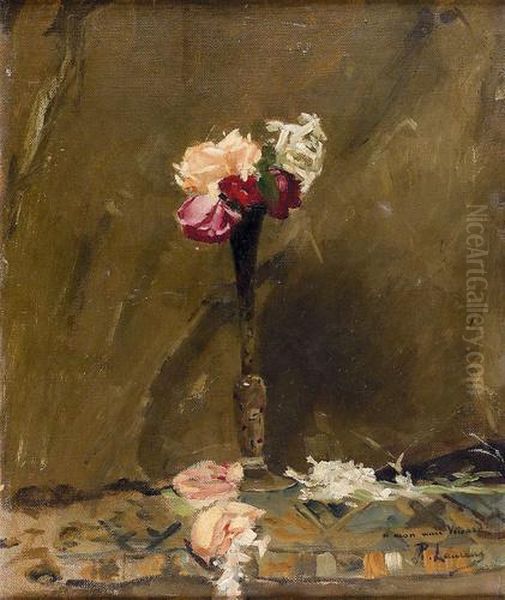 Stillleben Mit Rose In Schlanker Vase. Oil Painting by Paul-Albert Laurens