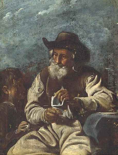 An old man knitting with a young boy Oil Painting by Giacomo Francesco Cipper