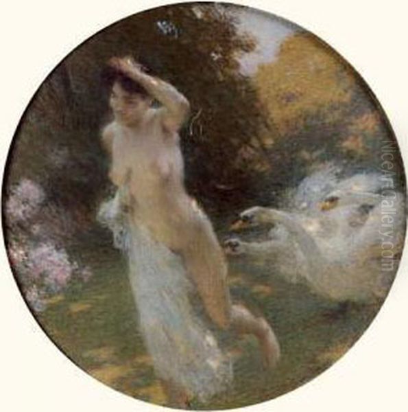 Jeune Fille Poursuivie Par Des Cygnes Oil Painting by Ernest Joseph Laurent