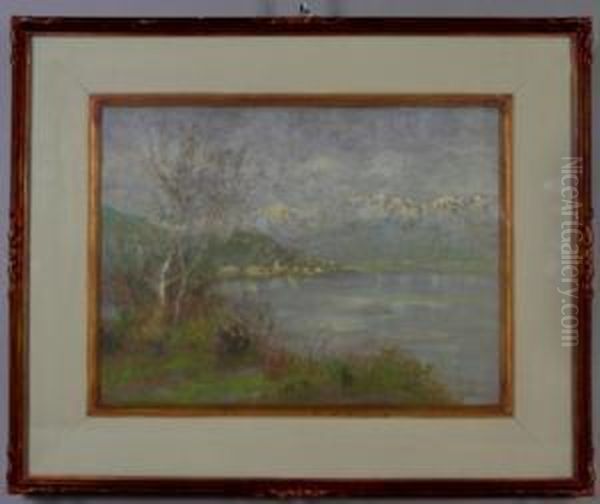 Lago Con Paese E Montagne Sullo Sfondo Oil Painting by Nicola Laurenti