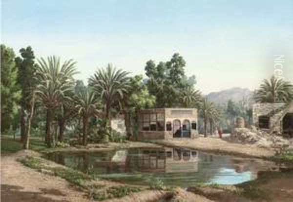 Arabs At An Oasis Oil Painting by Emmanuel Joseph Lauret