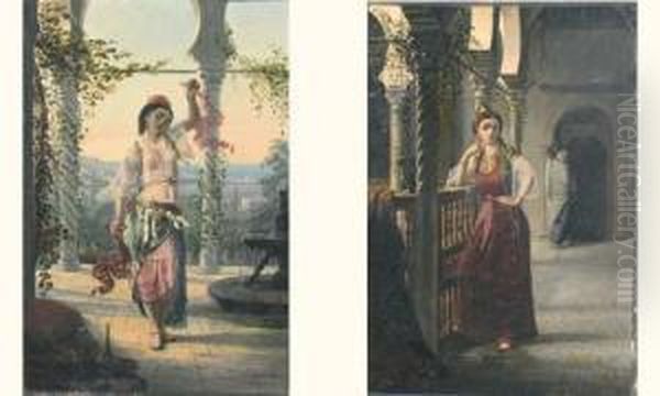 Jeune Danseuse Oriental Et Jeune Orientale Sur La Terrasse Oil Painting by Emmanuel Joseph Lauret